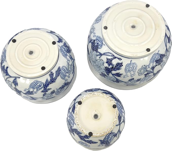 Galt International Blue & White Round Floral Porcelain Ceramic Plant Flower Planter Pot Set of 3 (8", 10", 12") Garden Pots Chinese Asian Design