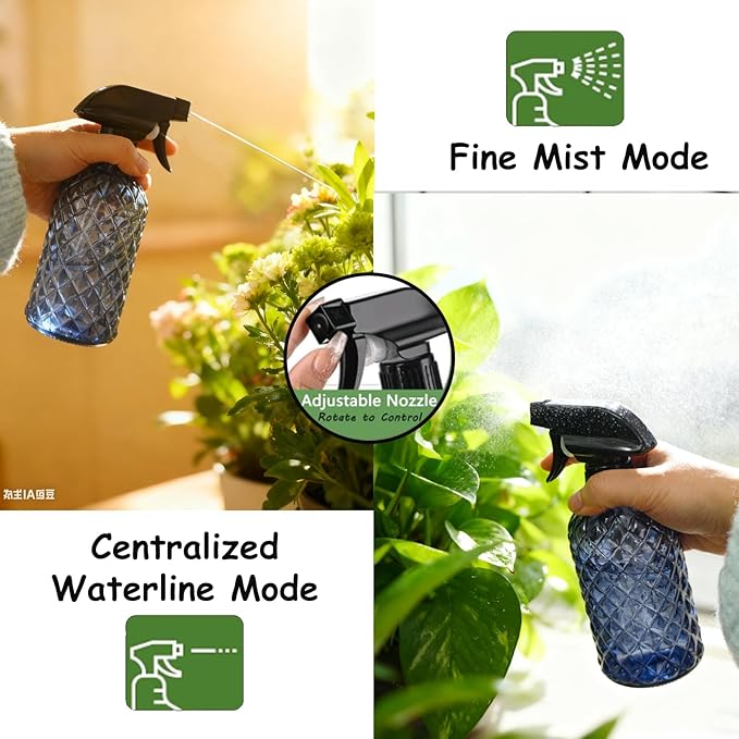 Glass Plant Mister Bottle, 13.5oz Refillable Water Spray Bottle with Adjustable Mist Nozzle for Indoor Flowers, Outdoor Gardening, Cleaning, Hair and Pets Care(Grayish Blue)