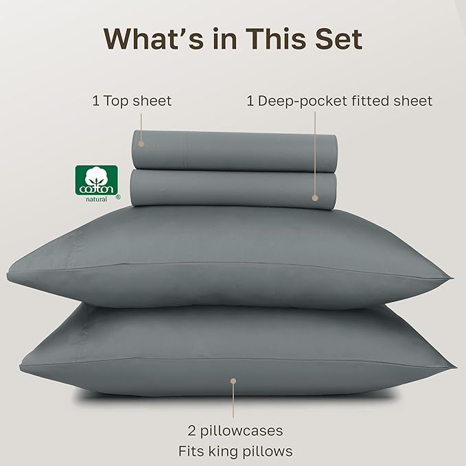 California Design Den 100% Egyptian Cotton Sheets King Size Bed Set - Certified Authentic Luxury, Soft and Durable Sateen, Deep Pocket King Size Egyptian Cotton Sheets Set - Grey