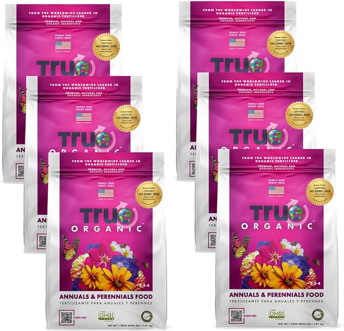 True Organic Annuals & Perennials Food – Organic Fertilizer for Stunning Blooms and Robust Foliage – 4lb Bag Covers 70 Sq. Ft.- Case of 6