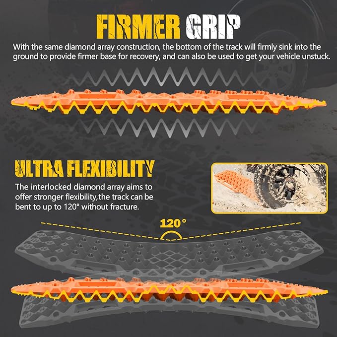 BUNKER INDUST Off-Road Traction Boards with Jack Base,Pair Recovery Track 4X4 Jeep Truck Emergency Tire Traction Mat with Bag -Sand, Mud, Snow Tracks Orange Traction Pad (Gen 7th)