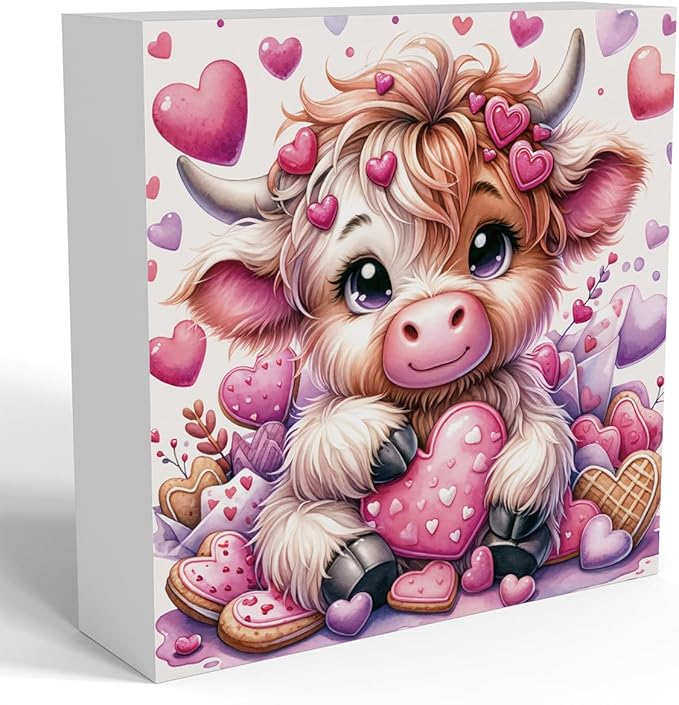 Valentines Decor, Valentines Day Decorations, Highland Cow Valentine's Gifts for Boyfriend Girlfriend, Pink Valentine's Table Decor Highland Cow Decoration Gifts, Office Wooden Decor Signs