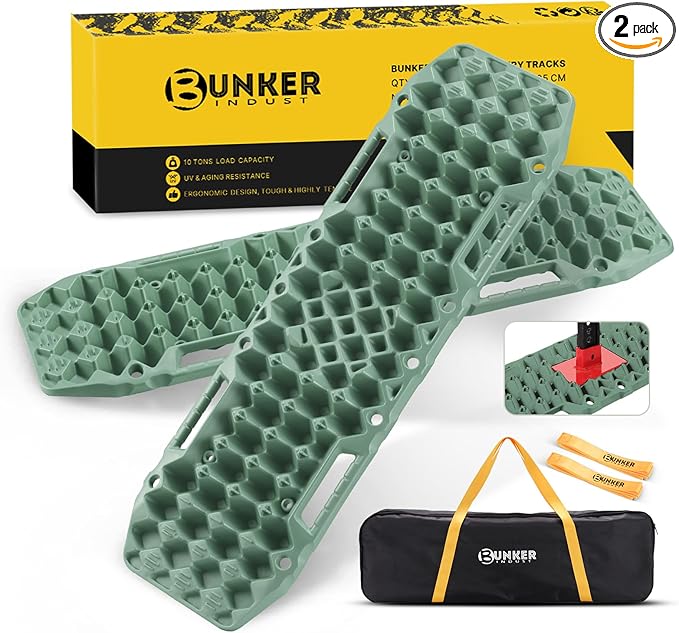 BUNKER INDUST Off-Road Traction Boards with Jack Base,Pair Recovery Track 4X4 Jeep Truck Emergency Tire Traction Mat with Bag -Sand, Mud, Snow Tracks Green Traction Pad (Gen 7th)
