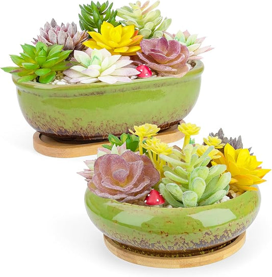 ARTKETTY Succulent Pots, 1 Rectangle Planter + 1 Ceramic Bonsai Pot with Drain Tray, 2 Pack Large Shallow Succulent Planters for Indoor Plants, Round Cactus Flower Plant Pot for Desk Windowsill Decor
