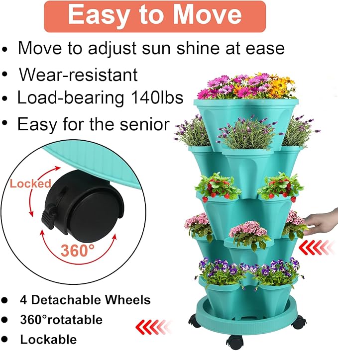 DUNCHATY Stackable Planter, Vertical Garden Planter with Wheels and Garden Tools, Strawberry Planter Indoor/Outdoor 5 Tier Herb Planter Pots for Growing Vegetables and Succulents,Teal
