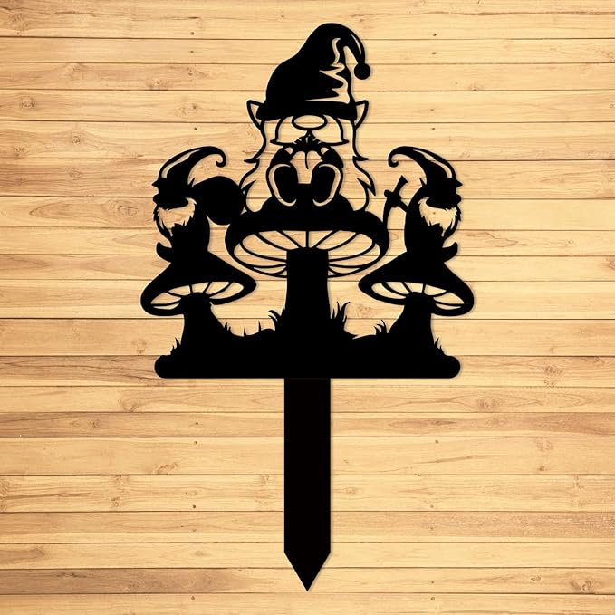 Magilab Personalized Iron Yard Stake - Christmas Cute Gnome Dwarves Decor, 8-Inch Black Metal Garden Sign for Outdoor (Style S)