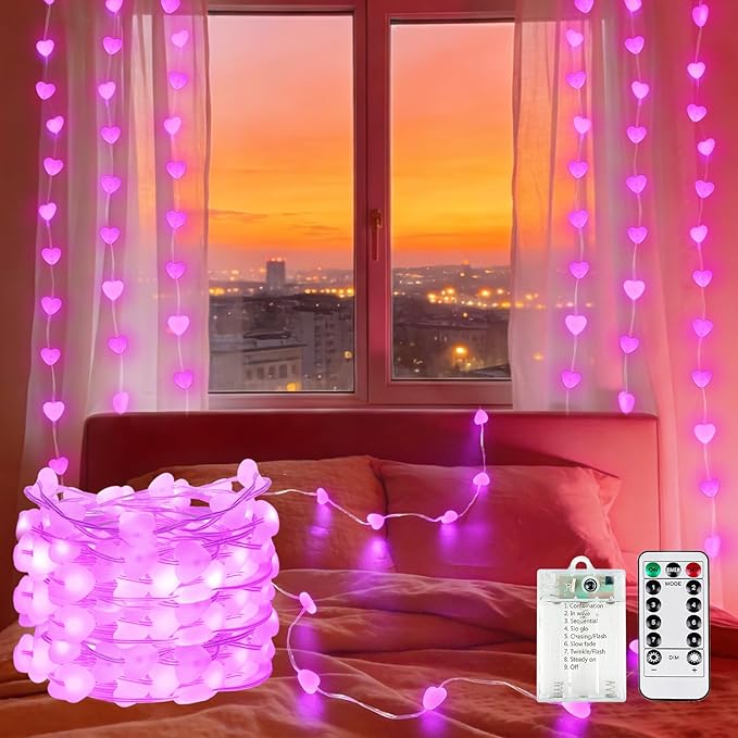 Valentine’s Day Twinkle Fairy Lights with Timer | 10FT 30LED Battery Operated Pink Heart Light with Remote for Wedding Bedroom DIY Indoor, Girl‘s Romantic Gifts Valentine Decor