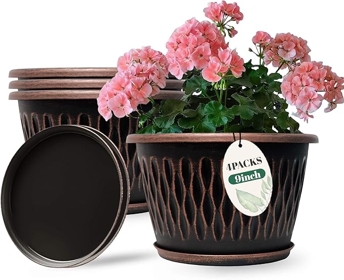 Usocik 4 Pack 9 Inch Retro Plant Pots, Vintage Striped Flower Pots with Drainage Hole & Saucer, Large Plastic Planters for Indoor and Outdoor Plants, Decorative Garden Pots(Copper)