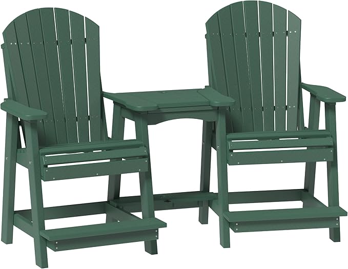 LuxCraft Poly Tete-a-Tete Patio Table and Counter Height Balcony Chairs with Umbrella Hole, Weatherproof Outdoor Patio Furniture Set for Outside - Amish Made in USA (Green)