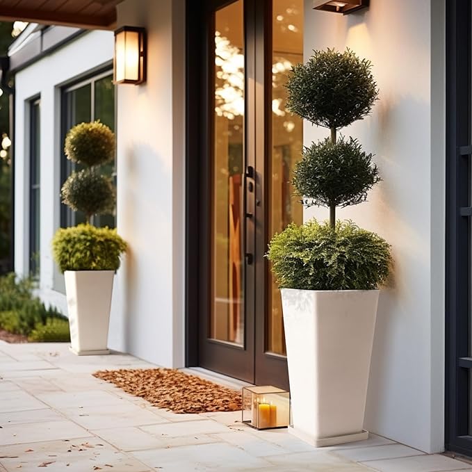 LA JOLIE MUSE 26 inch White Tall Planters for Outdoor & Indoor Plants, Set of 2 Rectangular Standing Planters with Drainage Holes and Tray