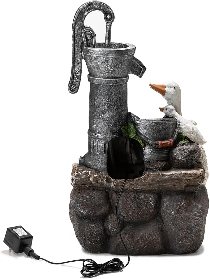 Glitzhome 24" Farmhouse Duck Outdoor Fountain with LED & Pump – 2-Tier Cascading Water Fountain for Outside Garden Decor - Rustic Waterfall for Backyard, Garden, or Patio Decor