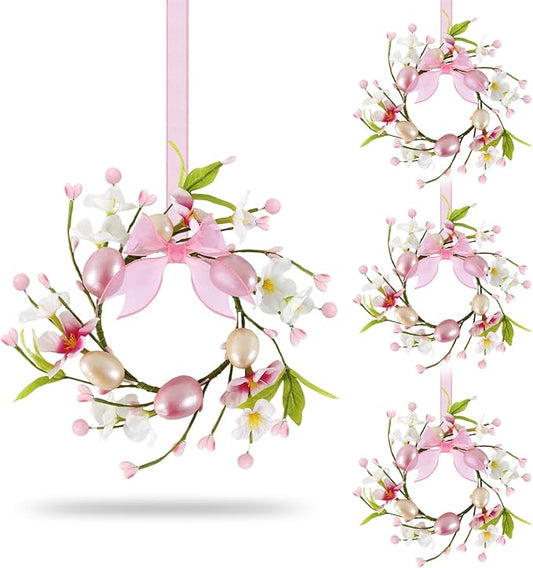 4 PCS Small Easter Wreaths for Kitchen Cabinet Mini Artificial Easter Egg Flower Wreath for Front Door Spring Summer Hanging Wreath with Pink Ribbon Berry for Home Porch Wall Window Farmhouse Decor