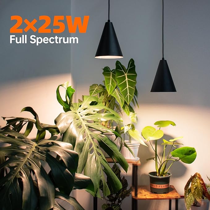 Bstrip 50W Double-Head One Cord Grow Lights for Indoor Plants full Spectrum 3000K, Black LED Grow Light Bulb with Timer & 16.4FT Power Cord, Perfect for Tall Plants, Flowers, and Greenhouses in Winter