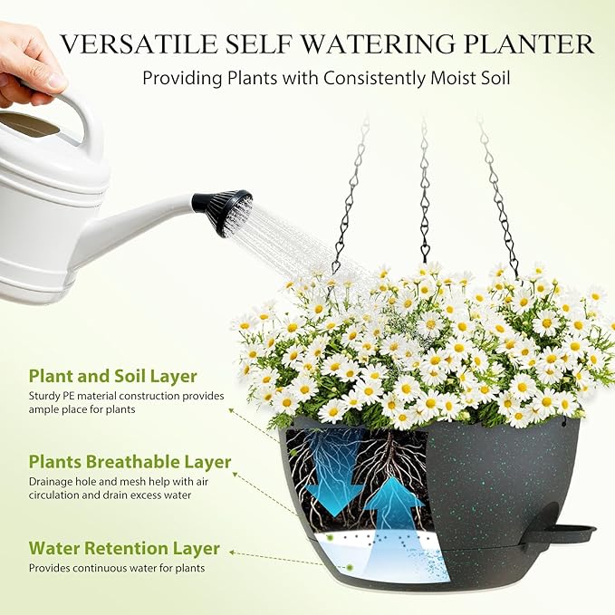 SQKH 12 Inch Hanging Baskets 2 PC with Chains, Self-Watering Hanging Planters for Indoor Outdoor Plants, Plastic Hanging Flower Pots, Black with Green Speckles