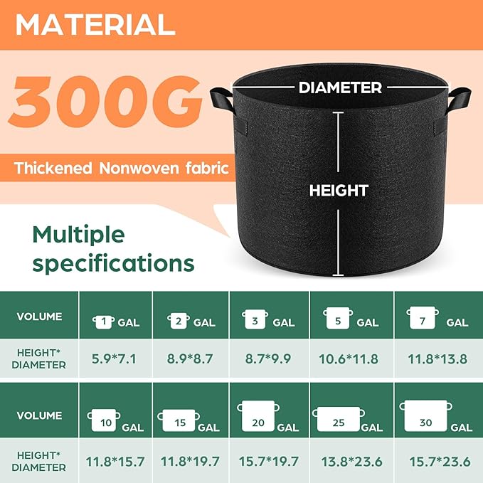 Jorvila 5 Pack 1 Gallon Grow Bags, Thickened Nonwoven Fabric Planter Pots with Handles, Heavy Duty 300G Garden Pots for Tomato, Potato and Vegetable