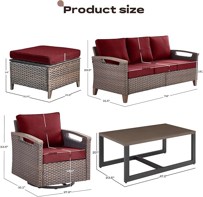 Rilyson Wicker Outdoor Patio Furniture Set - 8 Piece Patio Conversation Sets with Swivel Rocker Chairs, Ottomans, Sofa and Coffee Table, Thick Cushions, Waterproof Wicker, for Porch Deck Brown/Red