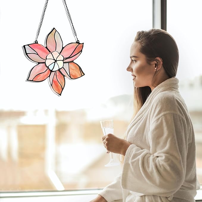 DASTOLL Stained Glass Window Hanging - Pink Flowers Suncatchers for Windows Hanging Floral Sun Catcher for Plant Lovers Anniversary Love Gift