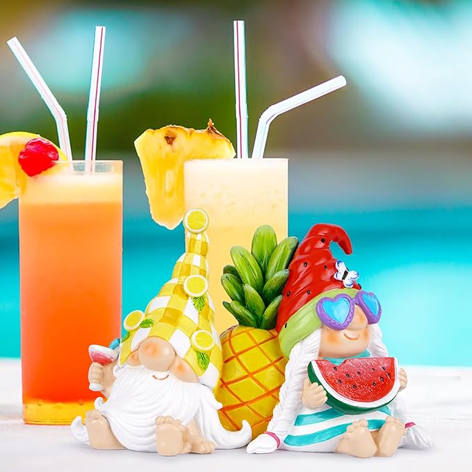 Hodao Summer Fruit Themed Garden Gnomes Decor - Lemon & Watermelon Design with Pineapple Accent - Adorable Resin Figurines for Home, Yard & Patio Decor