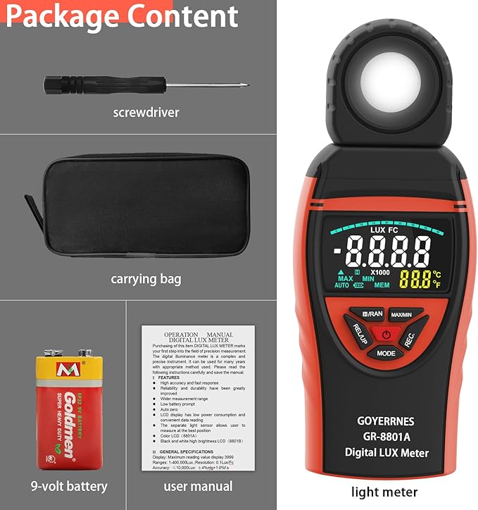 GOYERRNES Illuminance Light Meter, Digital Lux Foot Candles Meter 0.1~400,000 Lux (0.1~40,000 FC) with 270º Rotatable Detector, Lumen Meter Luxmeter for Indoor Outdoor(Multicolor Backlit)