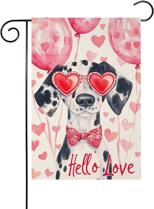 Valentine's Day Dalmatian Hello Love Garden Flag, House Yard Plaid Love Heart Outside Decoration, Spring Holiday Wedding Anniversary Outdoor Small Decor 12x18(12646)