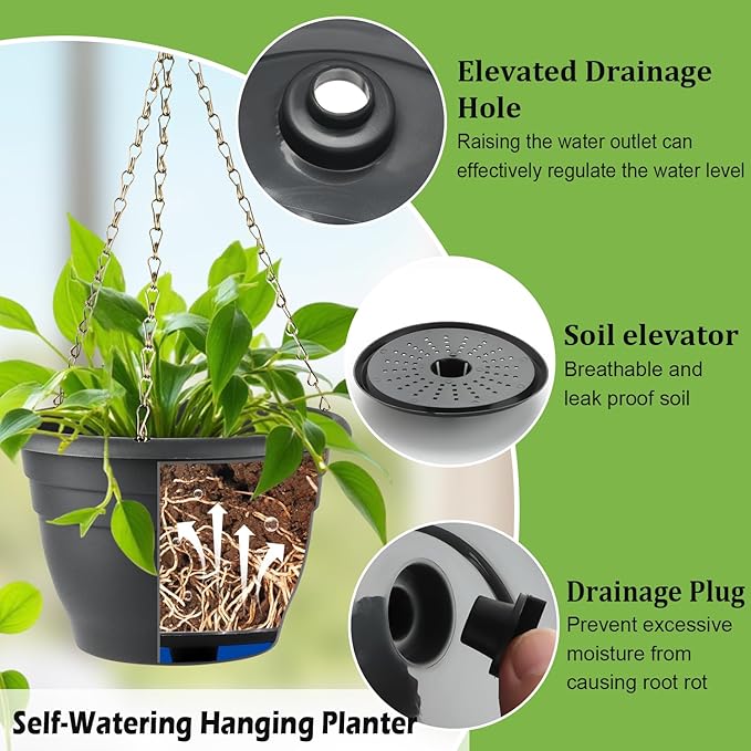 RooTrimmer Hanging Planters 10 Inch, 4 Pcs Flower Pots with Drainage Hole, Self Watering Hanging Basket for Indoor Outdoor Plants, Decor, Gray