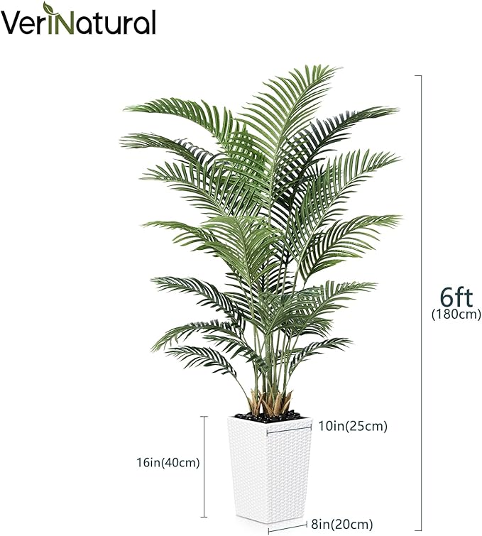 VeriNatural 6FT Artificial Palm Tree - Tall Fake Tree with White Taper Planter & Pebbles, UV Resistant for Indoor & Outdoor Decor - Large Potted Faux Plant for Living Room, Office, Home Decor,VN130