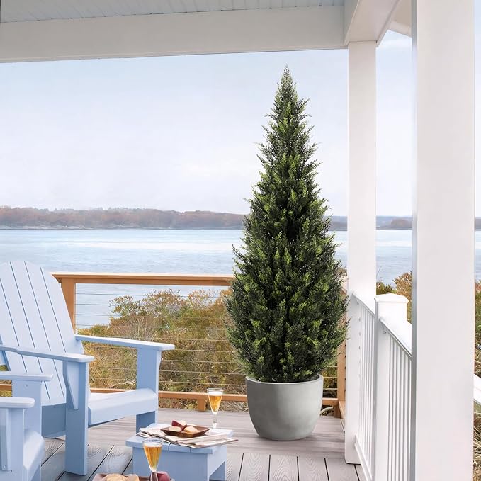 ZEEOZE 5FT Artificial Cedar Topiary Trees (1 Pack) - UV Resistant Faux Evergreen Shrubs Extra Dense Foliage Realistic Fake Pine Cypress Plants Easy Assembly for Front Porch Garden Indoor Office Decor