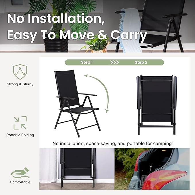 PHI VILLA Outdoor Patio Folding Chairs Set of 6, Portable Patio Dining Chairs with Adjustable Backrest for Outside, Garden, Lawn & Yard, No Assembly, Black