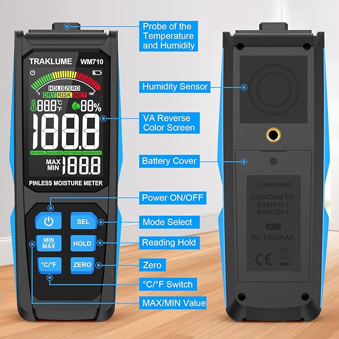 Wood Moisture Meter for Lumber Pinless Moisture Tester for Drywall with Colorful Screen Moisture Sensor for House Firewood Moisture Detector for Walls Moisture Reader for Wood Wall Water Leak Detector