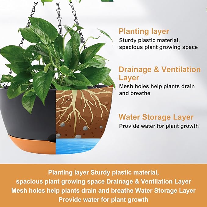 KPUVX 8/10/12 inch Plant Pot Hanging Planters Self Watering Pots for Indoor Plants, 3 Pack Plastic Hanging Basket with Removable Tray for Home Garden Porch Balcony Patio Decor(Black)