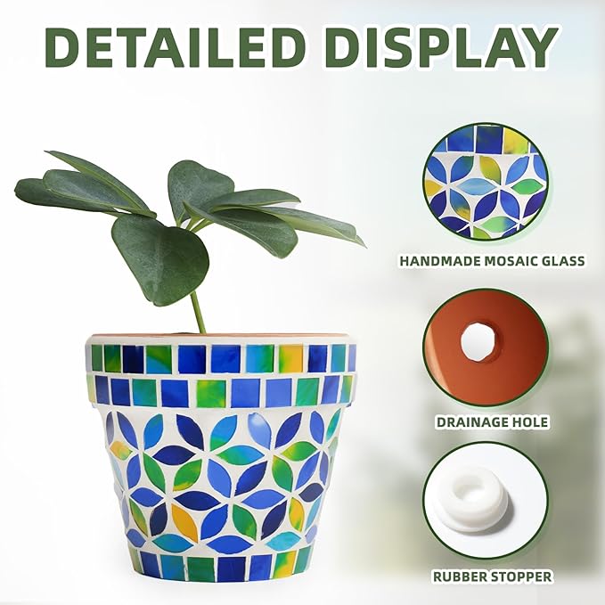 VOREEN Handmade Decorative Mosaic Plant Pot, Small Terracotta Planter with Glass Mosaic Exterior & Drainage Plug, Indoor & Covered Outdoor Accent Flower Pot for Home Décor, Desk, Shelf & Windowsill