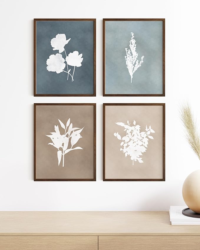 HAUS AND HUES Floral Wall Art - Set of 4 Plant Posters for Wall Vintage Botanical Prints, Flower Pictures for Room Aesthetic, Vintage Art Prints Flower Wall Art (Walnut Frame, 8x10)