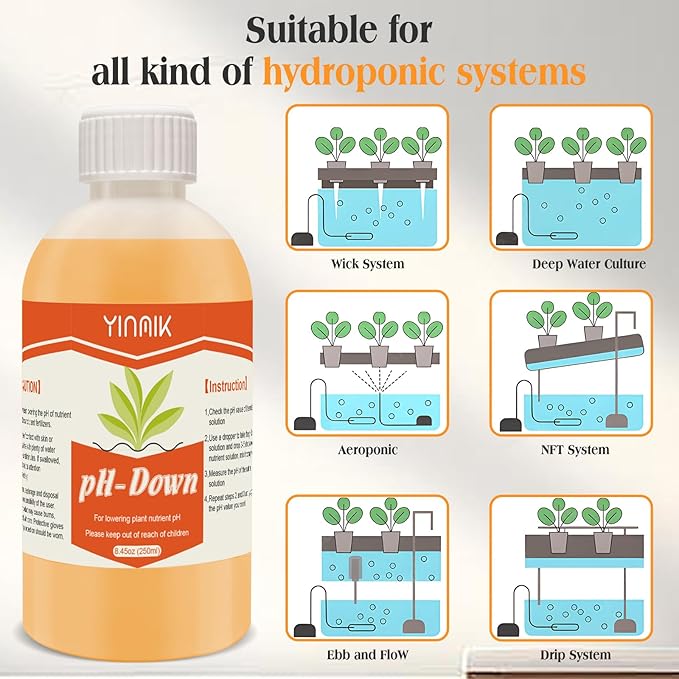 YINMIK General Hydroponics pH Down Liquid, pH Control Liquid Decreases pH Levels, 250ml Premium Buffering for pH Stability,Suitable for All Hydroponics Feeding Systems, Both for Soil and Water