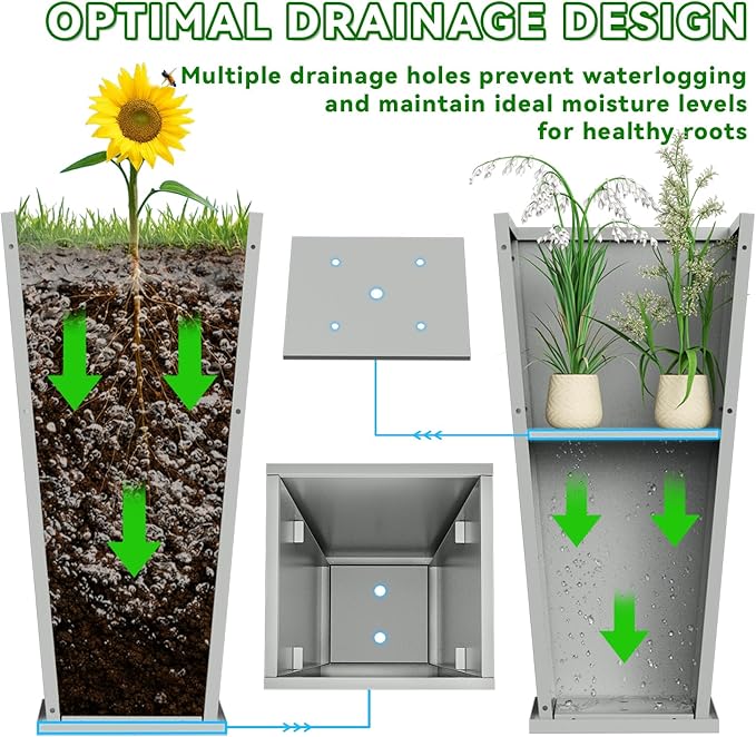 NUWJBYE Tall Metal Planter Box, 15" L x 15" W x 30" H 2-Pack Outdoor Planters with Removable Tray, Heavy Duty Steel Front Porch Planters for Patio, Balcony, Indoor(Gray)
