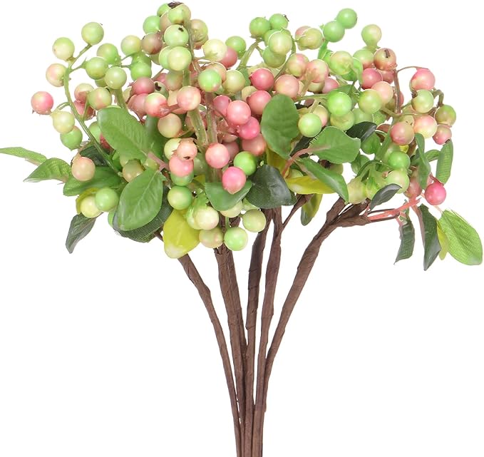6-Pack Artificial Berry, 9.8 Inch Faux Holly Berry Foam Faux Frosted Berries with Stems for Home/Wedding/Christmas/DIY/Party/Garden/Office [White Pink]