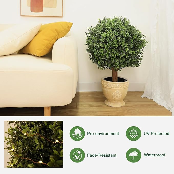 26" Artificial Boxwood Topiary Trees - 19.7" W Large Faux Plants Outdoor for Front Porch Decor, UV-Resistant Potted Shrubs with LED Lights, Realistic Fake Greenery Balls for Patio Entrance, Set of 2