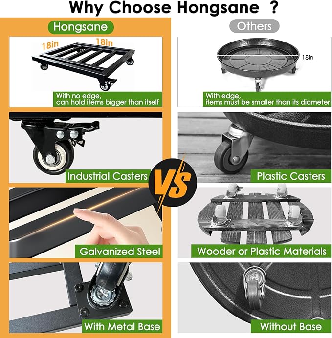 Hongsane 18" Square Plant Stand with Wheels Heavy Duty,Large Metal Plant Caddy Indoor Outdoor Use,Rolling Plant Dolly with Industrial Casters,Rust-Proof Black Plant Tray for Large Planters Pots,2-Pack