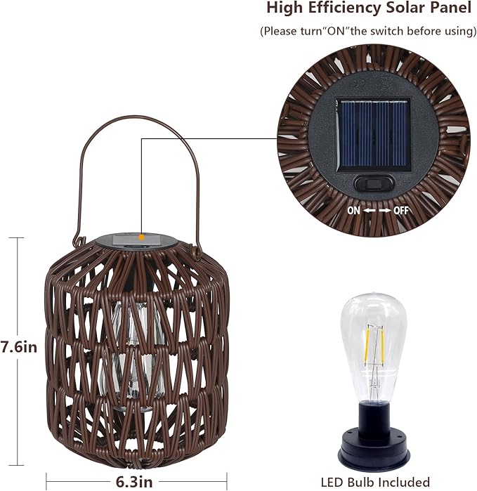 Rattan Outdoor Solar Lanterns, Solar Lights Outdoor Waterproof, 2 Pack Outside Table Lamp, Gardening Lantern Lights Gifts for Women, Hanging Lantern for Yard, Patio, Tree, Tabletop Decoration (Coffee)