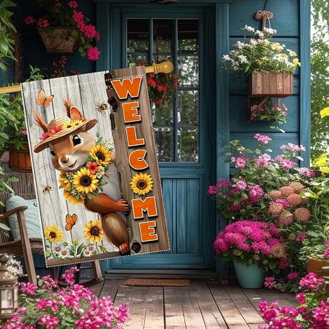 Welcome Garden Flag Vertical Double-Side Small Burlap sunflower Spring Summer Squirrel Garden Flags Yard Porch Outdoor Patio Lawn Decor Flags Decorations (RMQ-480D, 28"X40")