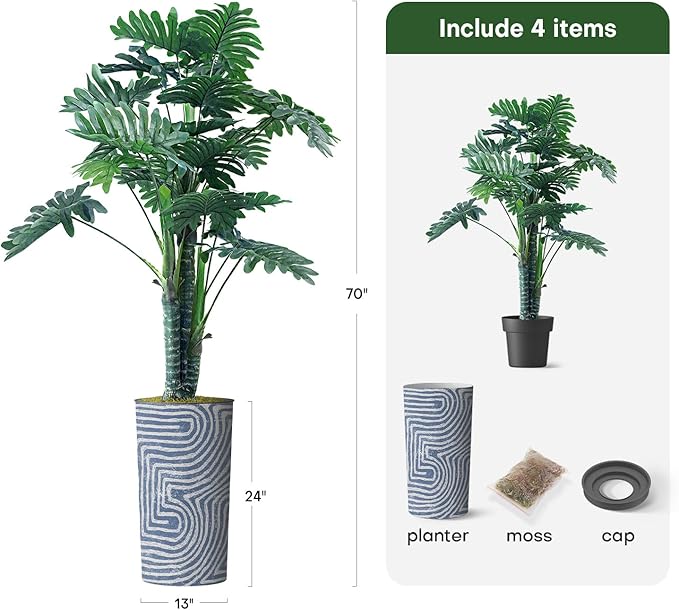 Artificial Tree in Contemporary Geometric Pattern Planter, Fake Philodendron Tree Silk Tree for Indoor and Outdoor Home Decoration - 70" Overall Tall (Plant Pot Plus Tree)