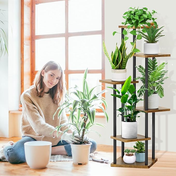 YOCOMEY 6 Tier Wood Tall Plant Stand Metal Rack Indoor, Multiple Flower Pot Holder Shelves Corner Rack, Planter Shelf Display Rack Storage Organizer for Patio Living Room Balcony Garden(Black)