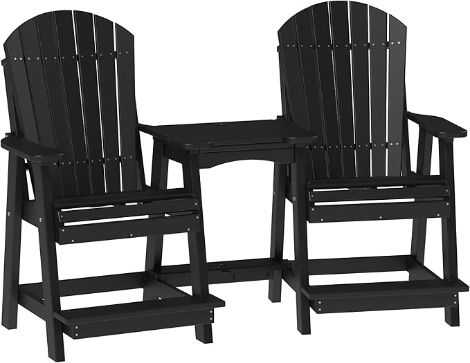 LuxCraft Poly Tete-a-Tete Patio Table and Counter Height Balcony Chairs with Umbrella Hole, Weatherproof Outdoor Patio Furniture Set for Outside - Amish Made in USA (Black)