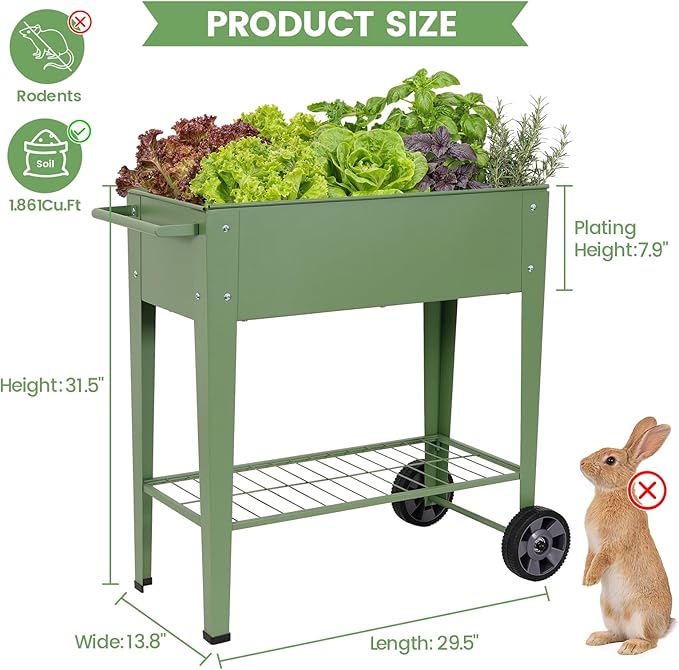 Elevated Raised Garden Bed with Legs- Galvanized Raised Beds for Gardening on Wheels, Anti-Rust Steel Planter Box with Storage Rack& Drain Hole for Backyard Patio Balcony (Green)