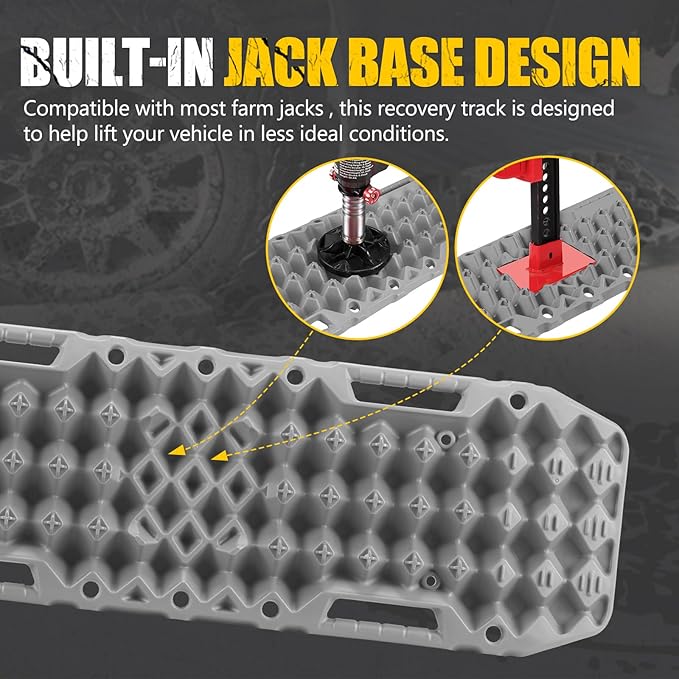 BUNKER INDUST Off-road Traction Boards with Jack Base,Pair Recovery Track 4X4 Jeep Truck Emergency Tire Traction Mat with Bag -Sand, Mud, Snow Tracks Grey Traction Pad (Gen 7th)