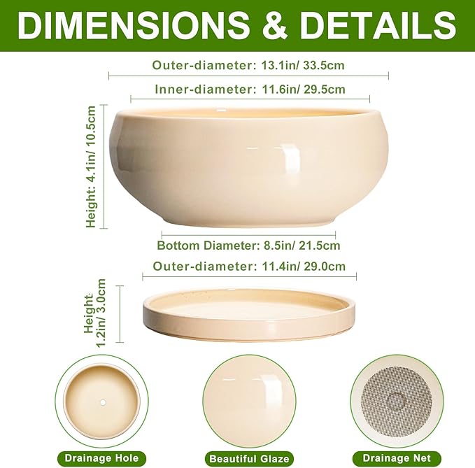 EPFamily Large Succulent Planters - 13 Inch Ceramic Bonsai Pots Indoor Outdoor, Shallow Planter with Drainage Hole and Tray, Round Planter Bowl, Large Bonsai Pot, Home Decor, Housewarming Gift, Beige