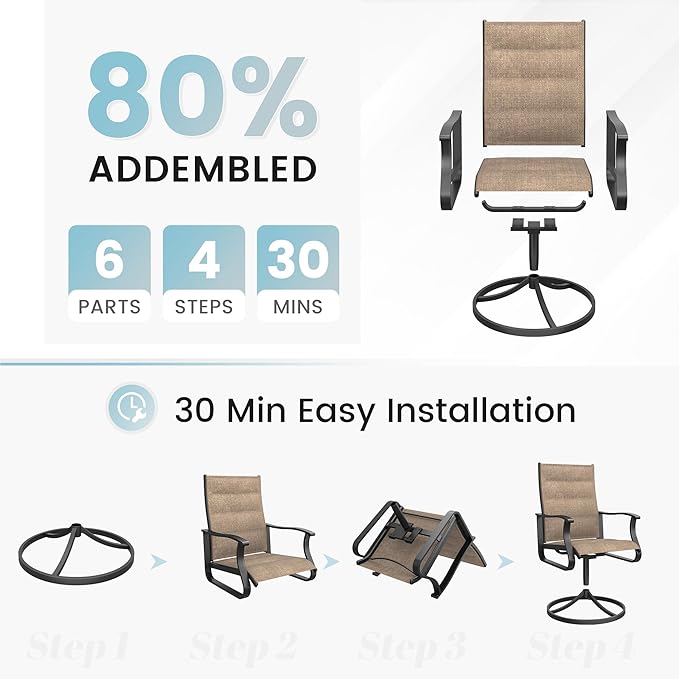 Patio Swivel Chairs Set of 4, Outdoor Dining Chairs with High Back, 360° Swivel Rocker Chair in All-Weather Padded Textilene & Metal Frame for Garden, Porch, Backyard, Balcony(Padded Brown)