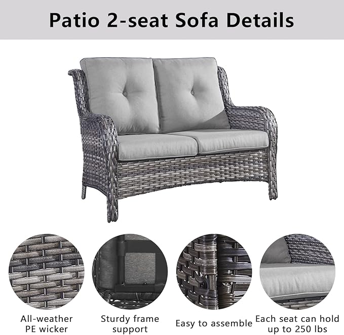 Belord 6 Pieces Patio Furniture Set Outdoor Wicker Furniture, 2 Patio Wicker Chairs with 1 Loveseat Sofa, Coffee Table and Ottomans, Patio Conversation Set for Porch Garden Deck Balcony Poolside