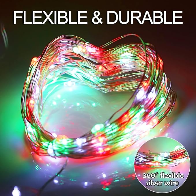 Solar Christmas Lights Outdoor Waterproof, Red White Green Fairy String Lights, IP67 2PACK Total 200LED 66FT with 8Modes, Outside Christmas Decorations Lights for Tree, Garden, Patio, Fence, Balcony