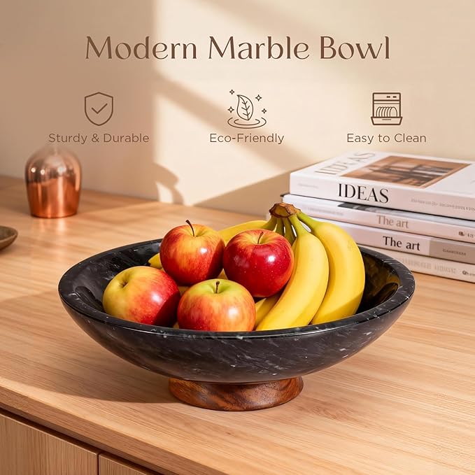 SAMAH Black Marble Fruit Bowl with Acacia Wood Pedestal, Large Decorative Footed Bowl, Natural Stone Centerpiece for Kitchen Counter, Entryway, Keys, Dining Table, House Warming Gifts New Home(11Inch)
