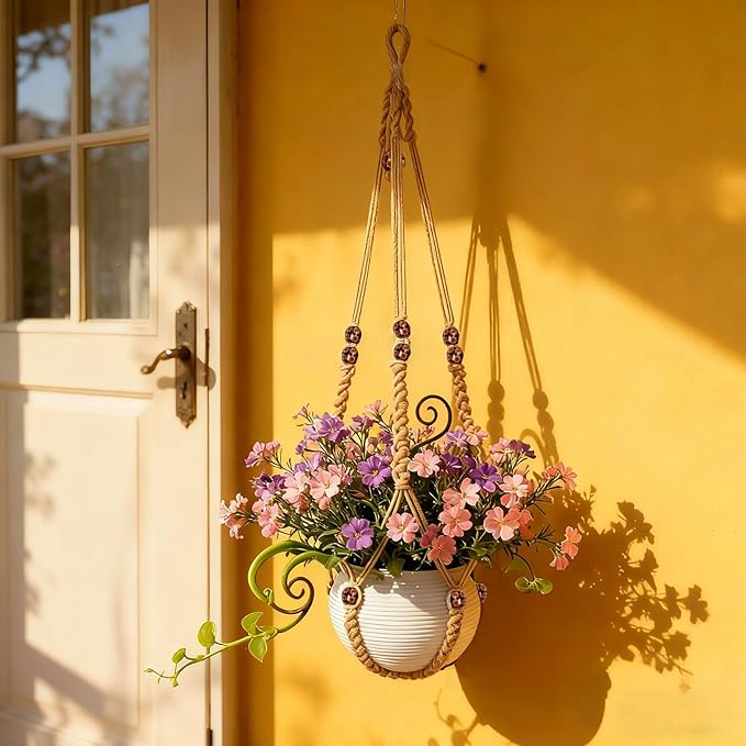 HOREAKHJ 35 Inch Macrame Plant Hanger, Large for up to 15 Inch Pot Extra Long Hanging Planter Holder Basket with Wood Beads for Indoor Outdoor Home Decor (Brown, 2-Pack)